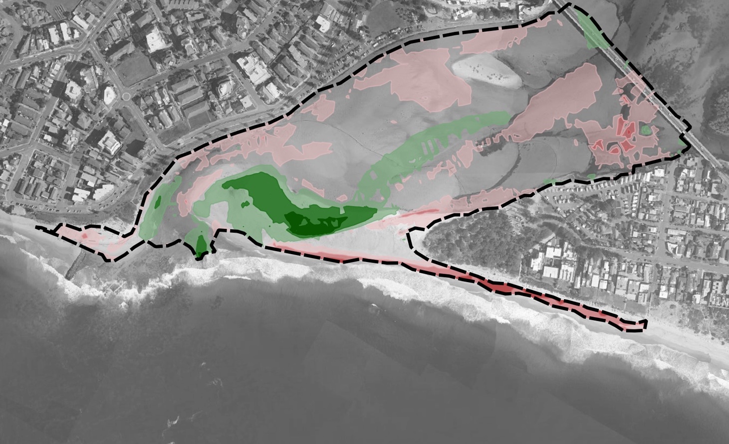 Map of a coastal entrance showing areas of erosion and siltation